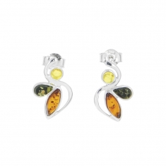 Boucles d'oreilles forme de feuillage en ambre tricolore Argent 925/1000 rhodié