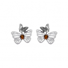 Boucles d'oreilles papillons en Argent 925/1000 rhodié et rond en ambre