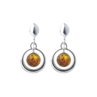 Boucles d'oreilles pendantes de forme ronde en ambre et argent 925/1000