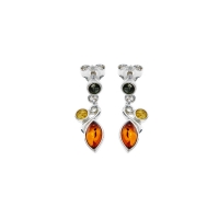 Boucles d'oreilles pendantes forme de feuille, en ambre tricolore et argent 925/1000