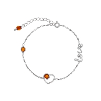 Bracelet en Argent 925/1000 rhodié avec un coeur-love ajouré et ronds en ambre