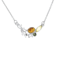 Collier en ambre avec pierres de 3 couleurs verte, citrine et cognac et Argent 925/1000 rhodié