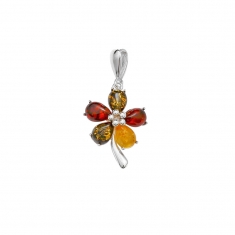 Pendentif en ambre multicolore et argent 925/1000, en forme de fleur