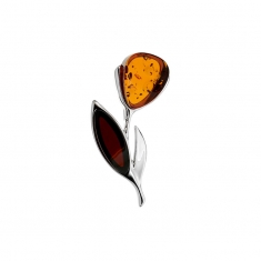 Pendentif motif fleur en Argent 925/1000 rhodié avec pétale et feuille en ambre