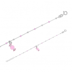 Bracelet bonbon pampille, boules émaillées rose clair, argent 925/1000 rhodié