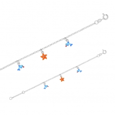 Bracelet dauphins et étoile de mer, émail bleu et orange, argent 925/1000 rhodié