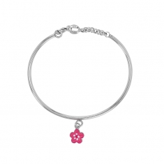 Bracelet rigide fleur, émail rose, argent 925/1000 rhodié