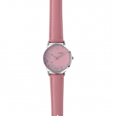 Montre Lutetia avec motif fleuri et boîtier métal, cadran et bracelet synthétique rose