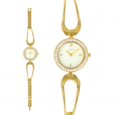 Montre Lutetia boîtier et bracelet métal doré, cadran blanc avec pierres synthétiques