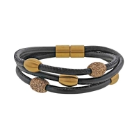 Bracelet 3 rangs cuir d'ovin noir avec perles et fermoir en Acier doré