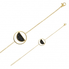 Bracelet rond avec demi cercle en Acier doré et cristaux noirs