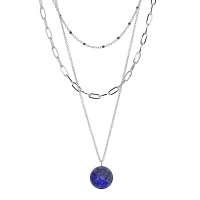 Collier 3 rangs Lapis-lazuli traité taille ronde, maille rectangle et boules résine bleue, acier