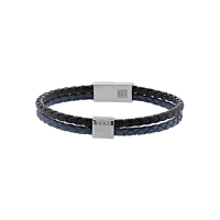 Bracelet 2 rangs cuir bovin tressé noir et bleu marine, perle et fermoir acier