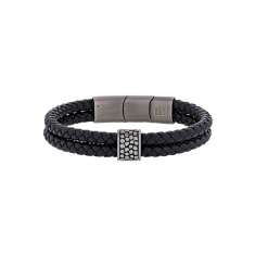 Bracelet 2 rangs cuir de bovin noir, perle motif reptile et fermoir aimanté acier