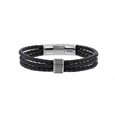 Bracelet 3 rangs cuir de bovin noir, perle à motif et fermoir aimanté acier brillant