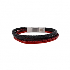 Bracelet 4 rangs cuir de bovin lisse et tressé noir/rouge, fermoir réglable acier