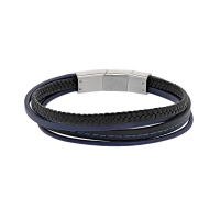 Bracelet 4 rangs en cuir de bovin noir et bleu marine en acier
