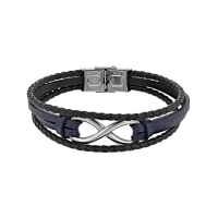 Bracelet cuir de bovin bleu marine et noir avec signe Infini et fermoir en acier