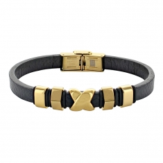 Bracelet cuir de bovin noir avec perles croix en  acier doré, fermoir réglable