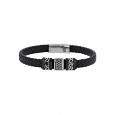 Bracelet cuir de bovin tressé noir avec 3 motifs chaînes acier et acier noir