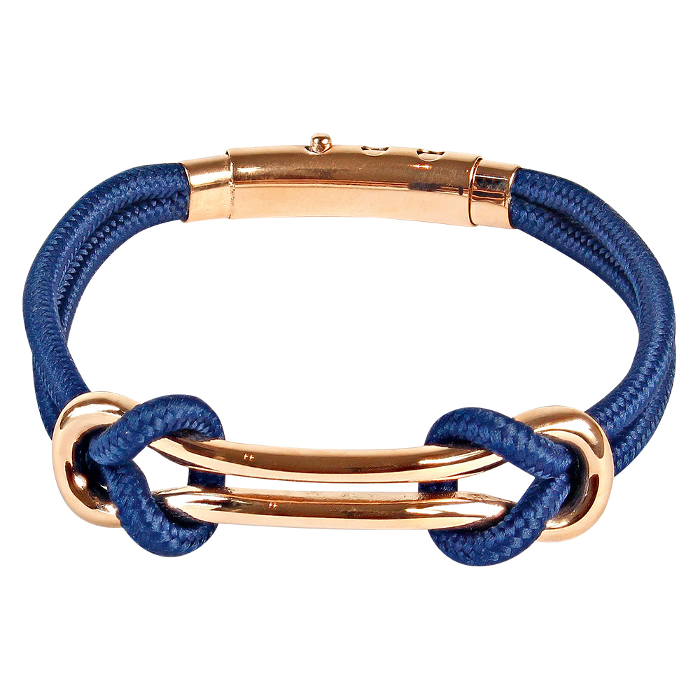 Bracelet double noeuds double infini en acier doré rose, femoir réglable et cordon nylon bleu
