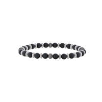Bracelet élastique boules Agate noire, perles toupies et striées relief acier