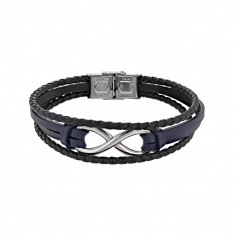Bracelet cuir de bovin bleu marine et noir avec signe Infini et fermoir en acier