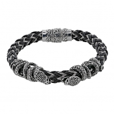 Bracelet en acier et caoutchouc avec motifs de 2 serpents et fermoir magnétique