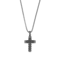 Collier petite croix Gothique acier et oxydes teintés noirs, bélière à motifs