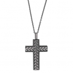 Collier grande croix avec relief en acier patiné