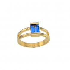 Bague 2 rangs cristal bleu saphir taille rectangle, argent 925/1000 doré