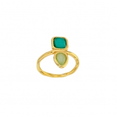 Bague carré/goutte oeil de chat vert émeraude et vert jade, argent 925/1000 doré