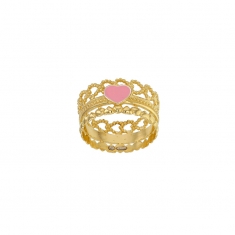 Bague forme couronne ornée de coeurs perlés, émail rose, argent 925/1000 doré