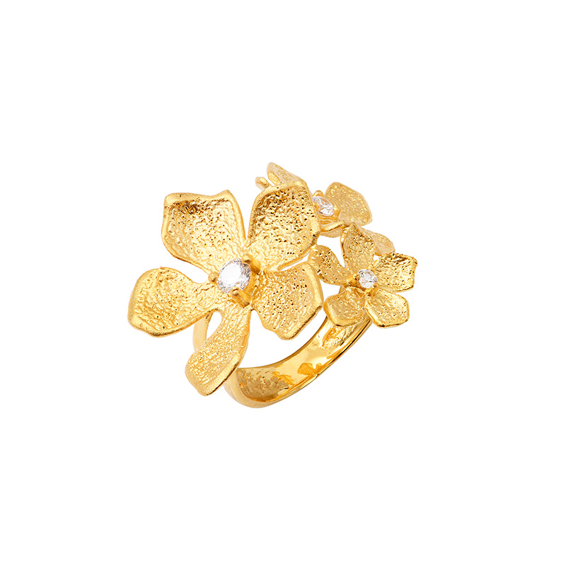 Bague fleurs dorées ornées d'un oxyde, argent 925/1000 doré