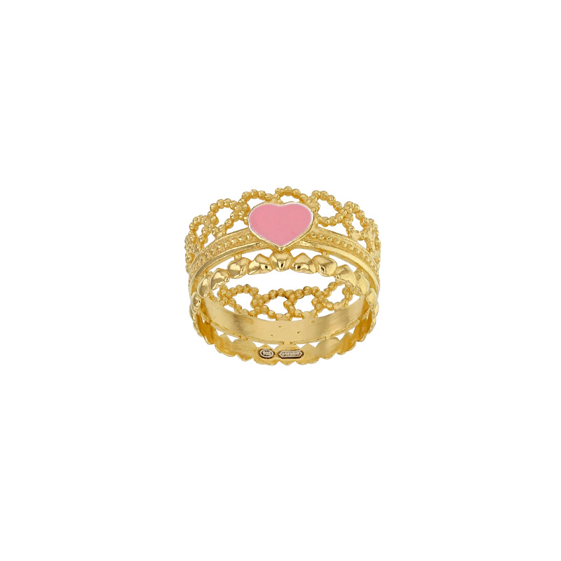 Bague forme couronne ornée de coeurs perlés, émail rose, argent 925/1000 doré