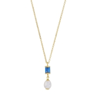 Collier perle synthétique blanche et cristal bleu saphir taille rectangle, argent 925/1000 doré
