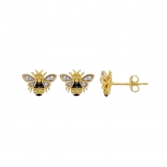 Boucles d'oreilles abeilles, oxydes blancs et jaunes, spinelles noirs, argent 925/1000 doré