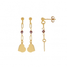 Boucles d'oreilles longues coeur, cristal couleur améthyste, argent 925/1000 doré