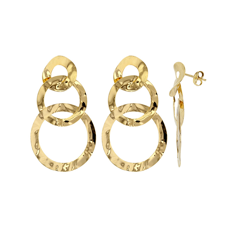 Boucles d'oreilles pendantes en argent 925/1000 doré avec 2 ronds aspect froissé