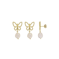 Boucles d'oreille papillon ornées de perles synthétiques en argent 925/1000 doré