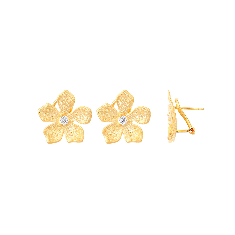 Clips oreilles percées fleur ornée d'un oxyde, argent 925/1000 doré