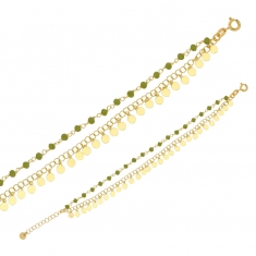 Bracelet 2 rangs cristaux vert sauge et pampilles rondes, argent 925/1000 doré