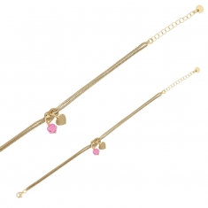 Bracelet 2 rangs orné d'un coeur et d'une perle de verre rose, argent 925/1000 doré