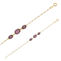Bracelet 3 cristaux violet améthyste taille ovale, argent 925/1000 doré