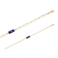 Bracelet argent 925/1000 doré à grandes mailles avec verres de Murano bleus rectangulaires