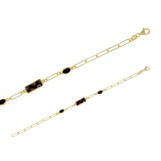 Bracelet argent 925/1000 doré à grandes mailles avec verres de Murano noirs rectangulaires/ovales