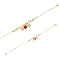 Bracelet argent 925/1000 doré pampilles avec motifs ronds dorés et motif facetté rouge