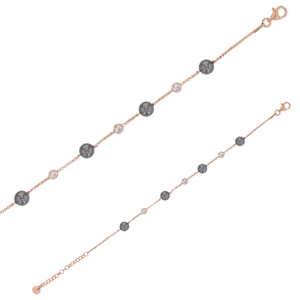 Bracelet avec perles synthétiques grises et oxydes de zirconium sertis en argent 925/1000 doré rose