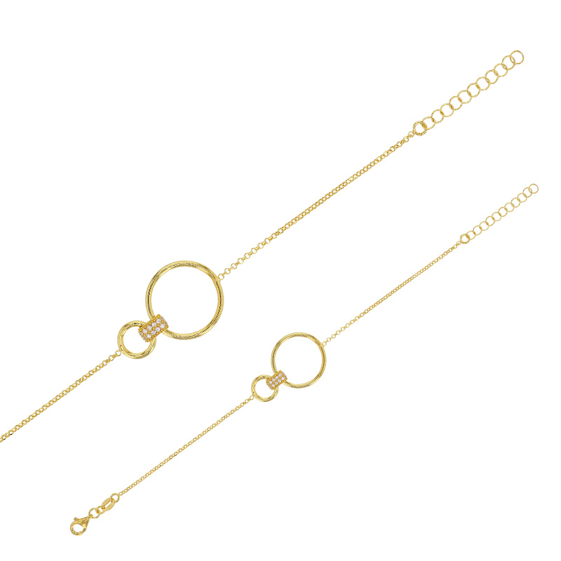 Bracelet 2 cercles liés avec oxydes, argent 925/1000 doré