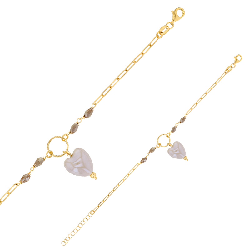 Bracelet coeur bombé en cristal gris, perles facettées, argent 925/1000 doré